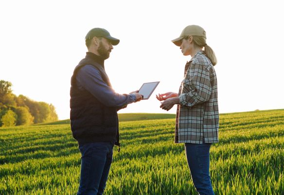 Caucasian man farmer standing in field with tablet device in hands and showing something to woman on screen.