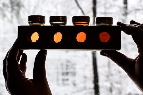 close up of two hands holding maple syrup color grading tool