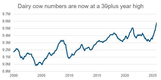 Line graph titled Dairy cow numbers are now at a 30-plus year high